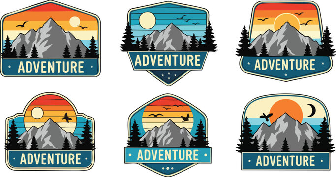 Retro Adventure Mountain Badges Set - Vintage Outdoor Scene Vector Illustrations.