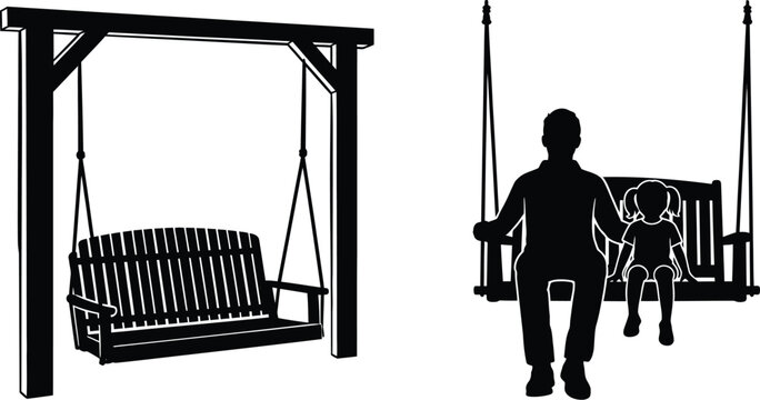 A black and white illustration of a porch swing with a couple seated