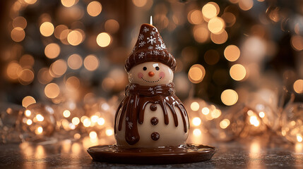 Chocolate snowman candle in festive holiday setting with warm lights
