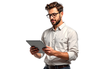 Single UX designer analyzing app user flow on tablet, isolated on a transparent background, PNG