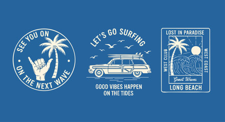 Retro surf-themed graphic design with vintage car, palm trees, ocean waves, and positive messages for beach and surf culture enthusiasts.