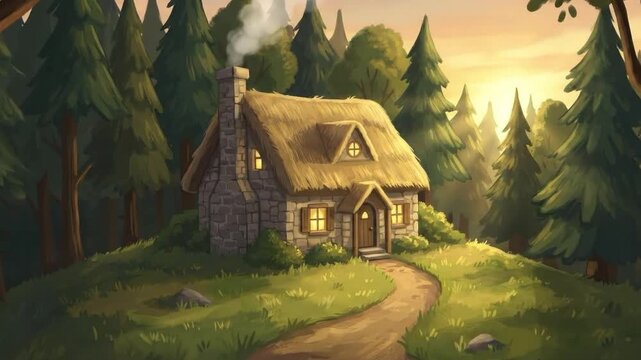 An enchanting, hand-drawn illustration showcases a cozy, rustic stone cottage with a golden thatched roof, nestled deeply within a verdant pine forest. Warm light spills from its windows, and a gentle
