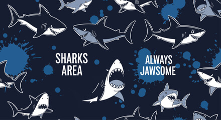 Seamless Pattern of Cute Cartoon Sharks and Water Splashes for Kids.