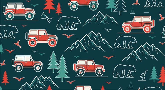 Seamless pattern of red off-road vehicles, bears, mountains, and trees, perfect for outdoor adventure themes.