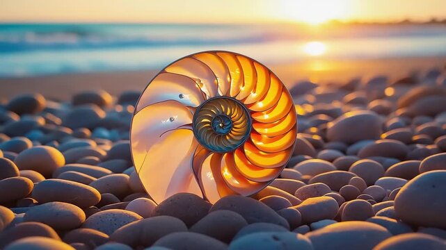 A detailed close-up shot of a Nautilus shell revealing its intricate spiral patterns against a soft-focus beach background at sunset