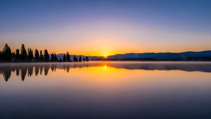 Serene Sunrise Over Misty Lake Reflecting Majestic Pine Trees and Distant Mountains