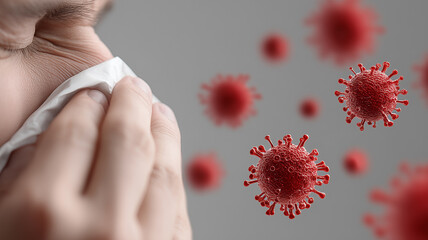 A person wiping their nose near floating virus particles, illustrating illness transmission and symbolizing health risk awareness and prevention concepts.
