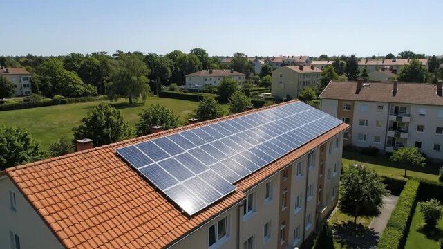 An expansive aerial view captures a modern residential building featuring an extensive array of photovoltaic solar panels prominently installed on its terracotta tiled roof. The scene unfolds on a bri