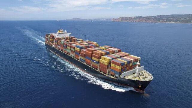 An expansive aerial view captures a colossal cargo vessel making its way across the deep blue open ocean under a bright, clear sky. The ship is magnificently laden with numerous stacks of vibrant, mul