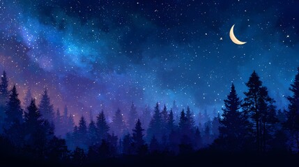 Fototapeta premium Enchanting Night Sky Over a Dark Forest Silhouette.