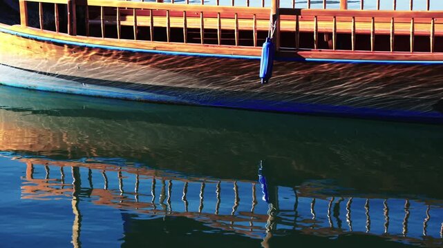 Close-up of a small, narrow brown wooden boat docked perpendicular to a wooden pier, with its reflection visible in gentle ripples on the calm water.