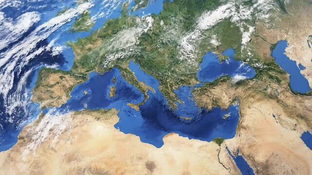 An expansive high-angle satellite perspective offers a stunning, detailed view of the Earth's surface, showcasing the intricate blue oceans and seas alongside the verdant green landmasses and dry, ari