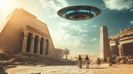 Fototapeta premium Retro vintage color photograph news style 1960s sci-fi science fiction alien UFO flying saucer over ancient Egypt journalistic fantasy hoax conspiracy theory concepts 