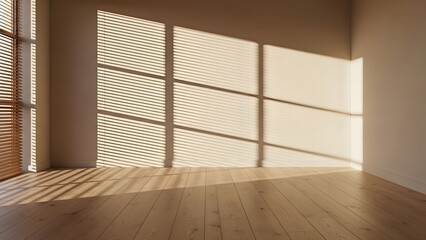 Wide-angle shot of empty bright room, concrete floor, stark white walls, afternoon sunlight slicing across the space creating high-contrast shadow lines