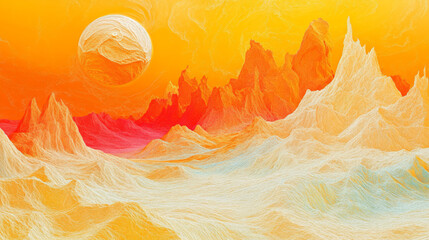UFO over beautiful alien planet orange sky desert landscape science fiction fantasy illustration extra terrestrial paint texture brushstrokes mountains outer space travel sci-fi martian background
