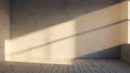 Neutral-toned empty room with sunlight filtering through blinds, creating striped shadow patterns on the wall and floor, calm modern interior mood