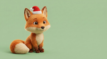 Obraz premium Cute fox character wearing a santa hat and sitting on a light green background, creating a festive holiday greeting with space for custom text or design