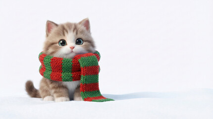 Cute cgi kitten with big blue eyes and soft fur standing patiently in a winter wonderland, bundled up in a cozy holiday themed scarf, ready for christmas festivities and cold season greetings