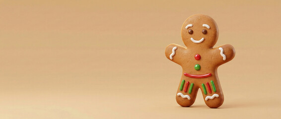Obraz premium Gingerbread man cookie character standing smiling, presenting festive holiday season greetings, sweet christmas dessert treat, space for copy