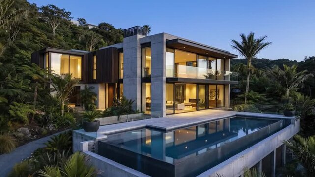 An impressive, modern luxury home with a striking contemporary design is beautifully illuminated at dusk. The multi-level residence features extensive concrete and dark wood elements, contrasted by va