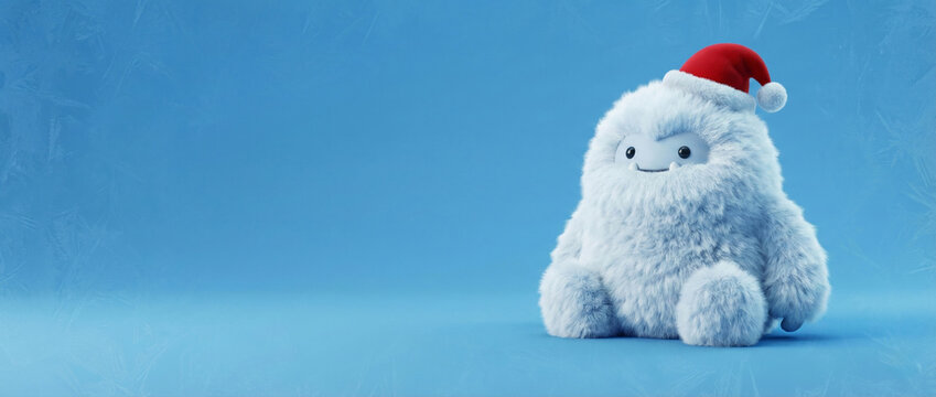 Cute yeti creature wearing a red santa hat, smiling against a blue background, symbolizing winter holidays, christmas cheer, and festive celebrations with copy space
