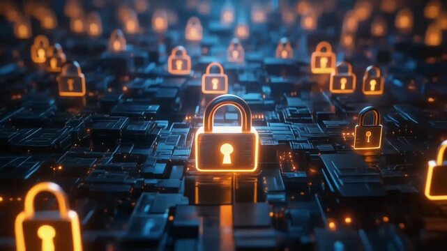 A field of glowing locks forms a secure matrix, showcasing AI-enabled threat prevention and artificial intelligence defense layers.