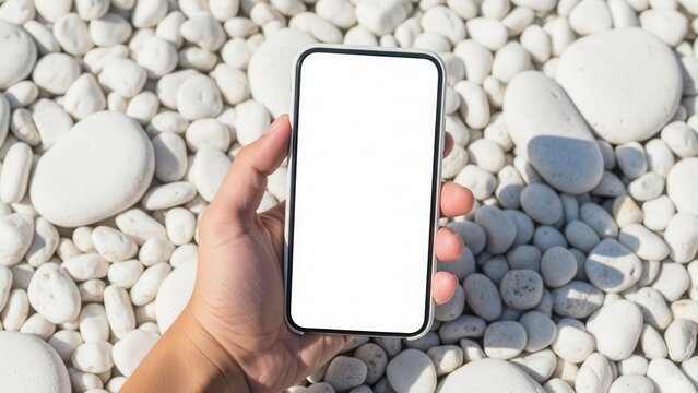 Hand holding smartphone with blank white screen over white pebbles in garden