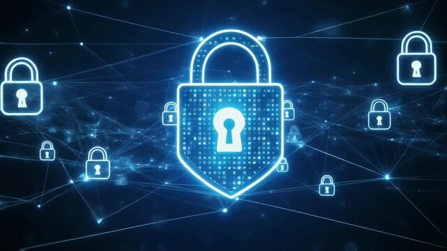 A luminous network of locks and nodes symbolizes high-level defense intelligence.