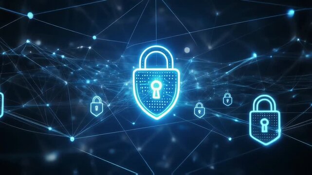 A luminous network of locks and nodes symbolizes high-level defense intelligence, illustrating AI-driven barrier systems and artificial intelligence protection architecture.