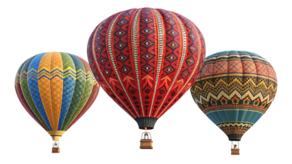 Three intricately patterned hot air balloons, with woven baskets floating, cutout, PNG isolated on white or transparent background