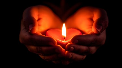 Hands Cupping a Lit Candle in the Darkness.