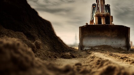 Heavy Duty Bulldozer Working on Construction Site During Sunset.