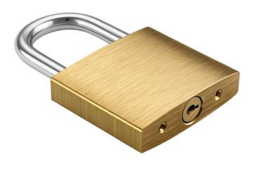Brass padlock, with a silver shackle and keyhole detail, cutout, PNG isolated on white or transparent background