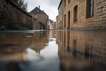 Fototapeta premium Quiet rainy day on cobblestone street with reflections in historic town