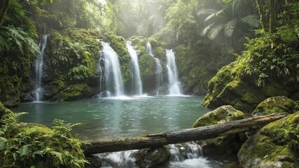 Experience the breathtaking beauty of a pristine, verdant jungle environment, where multiple cascading waterfalls gently flow into a clear, tranquil pool. The lush landscape is adorned with vibrant gr