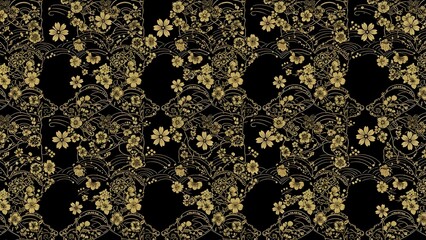 Stylized Japanese-inspired gold floral pattern with waves and blossoms, clean geometric repetition, jet-black background, elegant and refined
