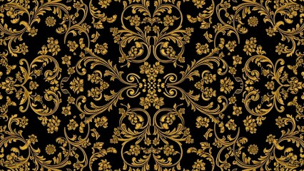 Vintage baroque floral pattern in rich gold tones, ornate swirling vines, embossed look, on solid black background, classic royal design