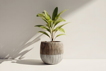 Green plant in a decorative pot on a bright surface with soft shadows in a calm indoor setting