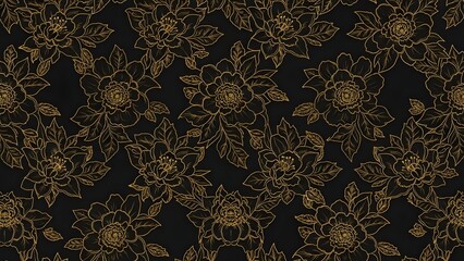 Elegant seamless pattern of gold metallic flowers and leaves, thin ornate lines, glowing highlights, arranged over solid matte black background