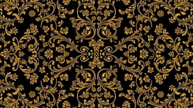 Vintage baroque floral pattern in rich gold tones, ornate swirling vines, embossed look, on solid black background, classic royal design