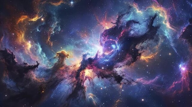 Immerse yourself in the breathtaking beauty of a vast, colorful cosmic nebula, swirling with luminous gas and stardust across the infinite expanse of space. This stunning animation features vibrant bl