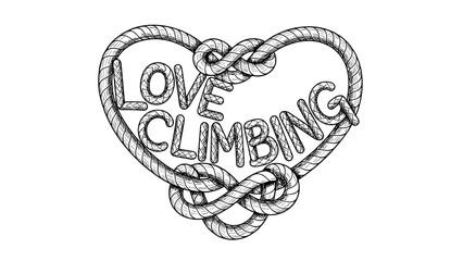 Fototapeta premium Hand Drawn Love Climbing Rope Heart Illustration, Monochrome Sketch, Mountaineering Passion Logo, Climber Heart Design for Rock Climbing Enthusiasts, Outdoor Adventure Symbol,