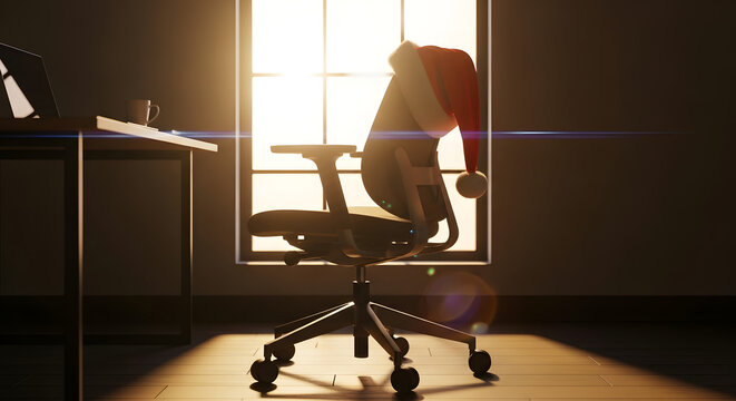 Espacio de coworking sin gente con silla ergon&oacute;mica y gorro navide&ntilde;o, destellos de sol al atardecer y concepto de regreso a la oficina para a&ntilde;o nuevo