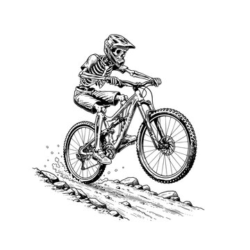 Skeleton Mountain Biker in full face helmet Riding on the wheel for Extreme Cycling Apparel Design, Sports Club Branding, Social Media Graphics, and Thrill Ride Concepts