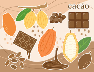 バレンタインなどに使えるカカオの実とチョコレートのイラストのセット　白フチつきバージョン