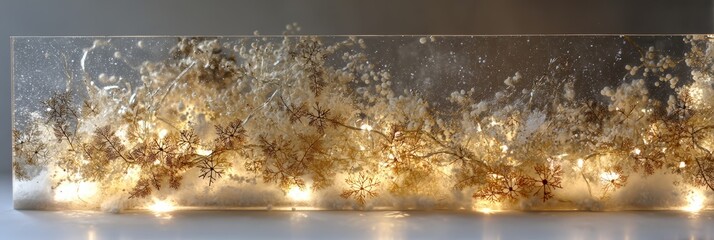 A decorative arrangement of dried flowers and twinkling lights encased in clear resin. The scene features a warm, inviting glow, ideal for home decor.