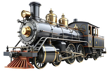 Obraz premium Classic black steam locomotive, with gold accents, cutout, PNG isolated on white or transparent background
