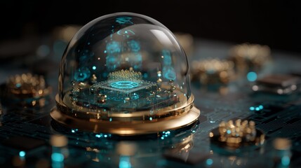 A futuristic microchip encased in a glass dome. The circuit board features glowing blue elements and intricate gold details, showcasing advanced technology.