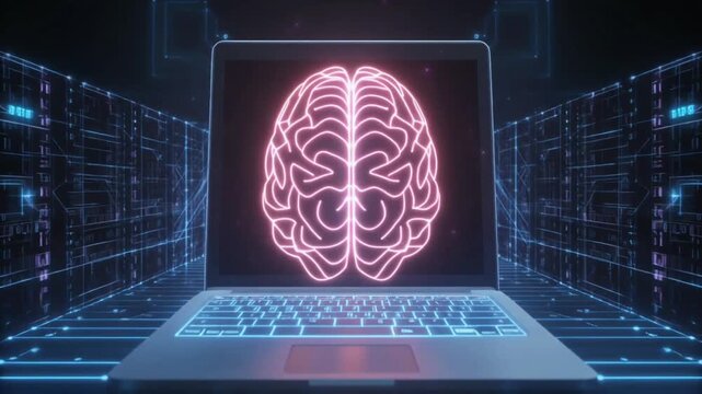 A glowing brain hologram emerges above a laptop, representing cognitive AI systems, neural computation, and advanced artificial intelligence.