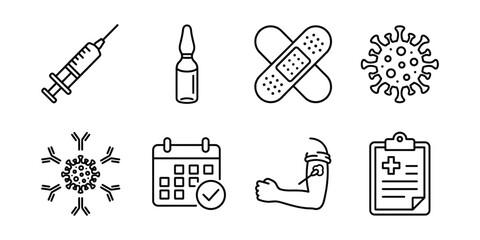 Vaccination and immunity line icons set, syringe virus calendar report